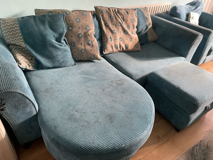 Blue 2 seater couch , single couch and footstool