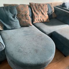 Blue 2 seater couch , single couch and footstool