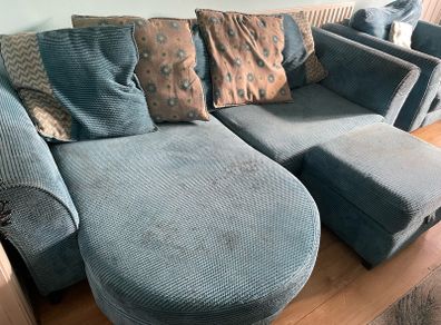 Blue 2 seater couch , single couch and footstool