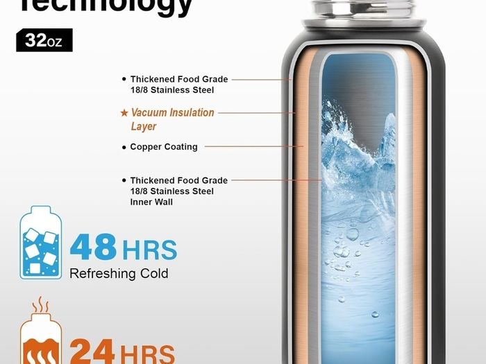 Insulated Water Bottle | Thickened Stainless Steel Vacuum Metal Thermos | Portable Sports Water Jug for Gym and Hiking with Straw, Carrier Bag, Handle Strap | BPA-Free 32 oz, Black