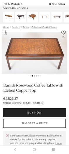 Stunning and Unique/Rare Mid Century Modern Wooden Coffee Table with Smoked Glass and Acid-Etched Copper Inlay and Slatted Magazine Shelf