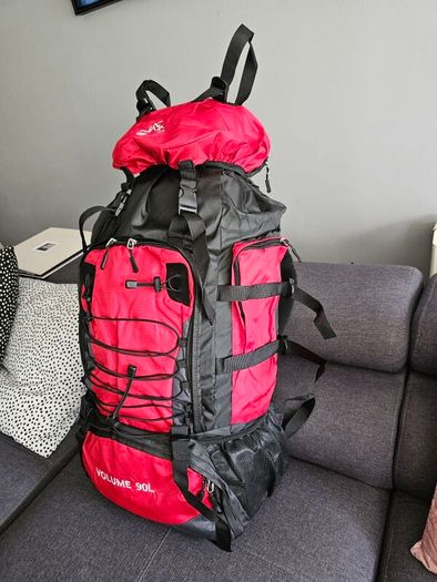 90 L Hiking backpack. Trekking backpack. Camping backpack. Red.