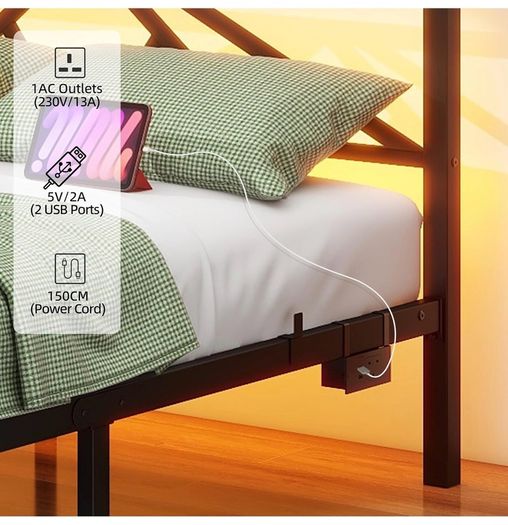 Double Bed Frame with Charging Station,LED Headboard,Black Modern Geometric Headboard Metal Platform Bed Frame for bedroom,Under Bed Storage Space,No Box Spring Needed,Easy Assembly