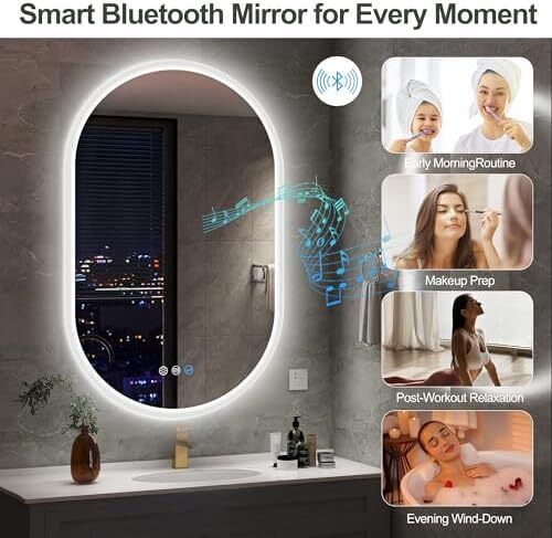 Bathroom Mirror with LED Lights 500x800mm Oval Wall Mirror Bluetooth Led Mirror Anti-Fog, 3000K-6500K, Dimmable
