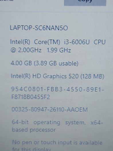 HP Laptop, TPN-Q189, Intel Core i3-6006U CPU, 2.0 GHz, 4GB Ram, 500GB HDD, Windows 10, Microsoft Edge, Chrome and VLC