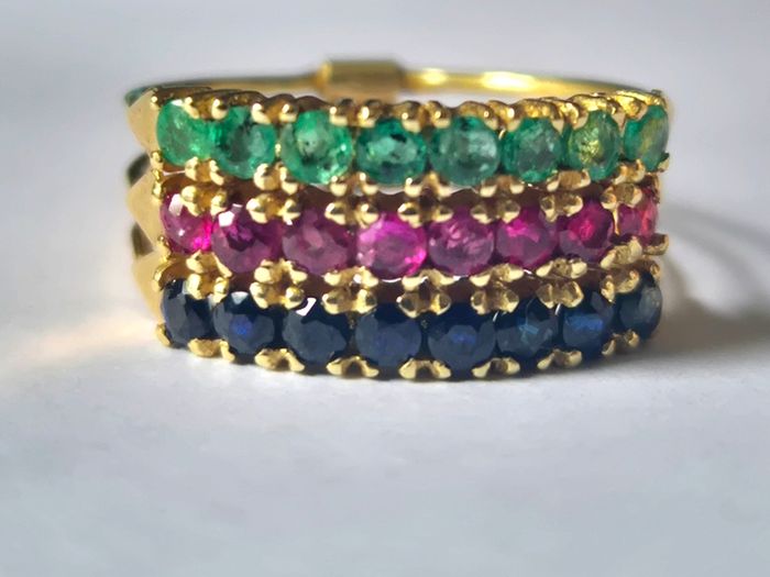 14ct Gold Sapphire, Ruby And Emerald, Harem Ring. High Quality Precious Stones.