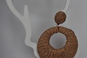 Coffee Beige Raffia Woven Stud Hollow Out Woven Hoop Earrings