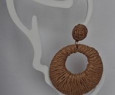 Coffee Beige Raffia Woven Stud Hollow Out Woven Hoop Earrings