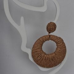 Coffee Beige Raffia Woven Stud Hollow Out Woven Hoop Earrings