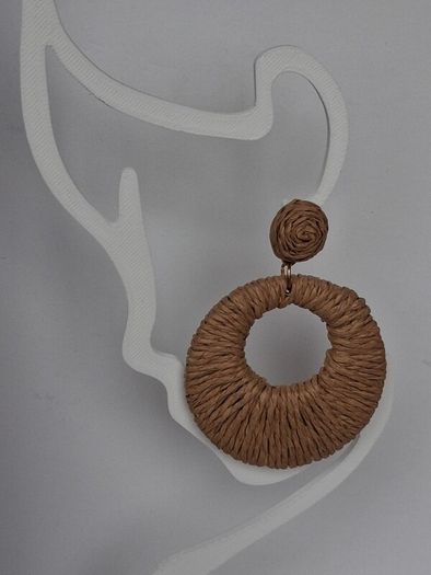 Coffee Beige Raffia Woven Stud Hollow Out Woven Hoop Earrings