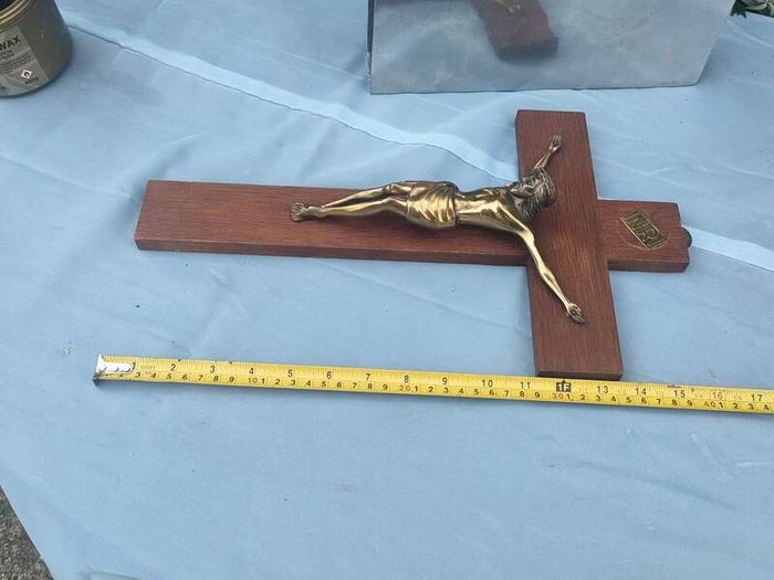 16" Mid Century Brass Christ on Mahogany cross