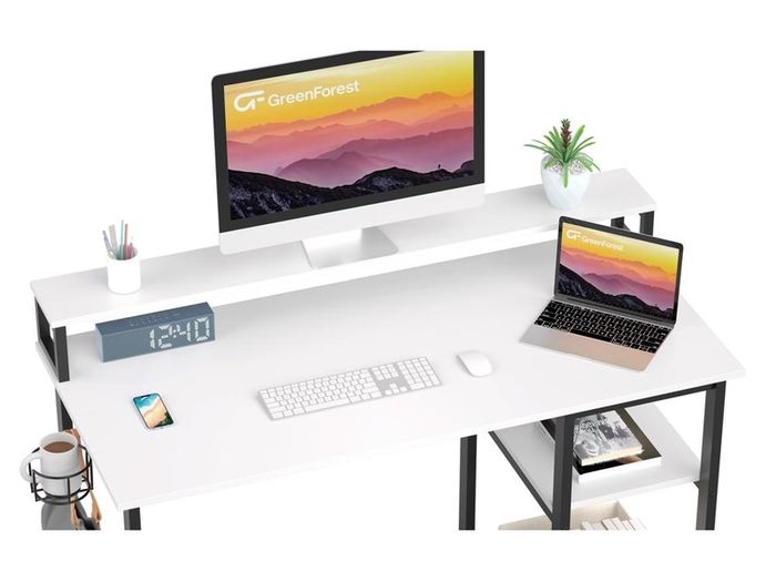 Computer Desk with Full Monitor Stand,120 cm Home Office Desk with Reversible Storage Shelves,Small Study Desk with Headphone Hook and Cup Holder,White