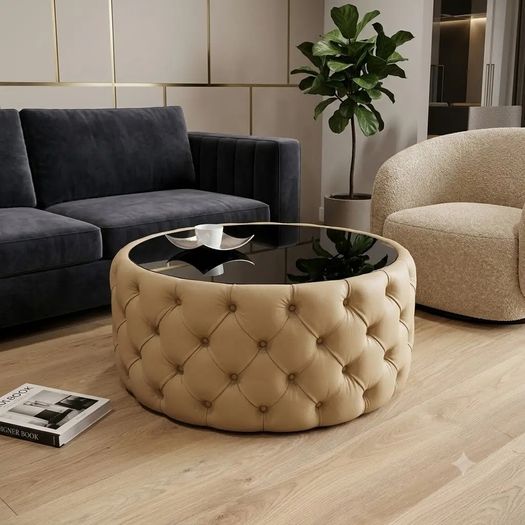 Round Velvet Coffee Table  Tinted Glass Top