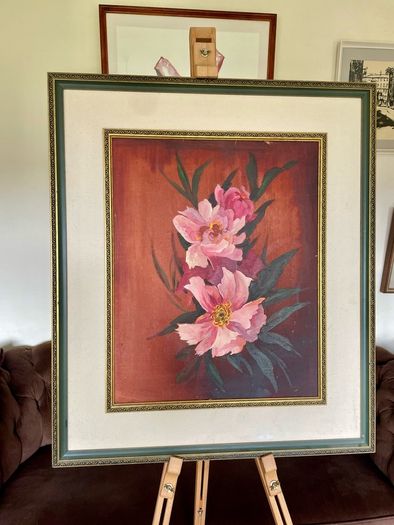 Vintage Peonies Floral Original Acrylic Painting In Ornate Frame