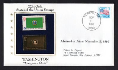 1988 USA Washington "Evergreen State" 22kt Gold Replica of the 1976 United States Flag Stamps showing 25c US flag definitive tied Olympia, Washington (state capital) illustrated cover