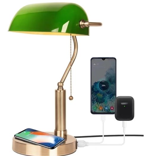 Bankers Office Desk Lamp, Vintage Green Glass Table Lamp with Brass Base, Classic Retro Light with Wireless Charging&USB Port