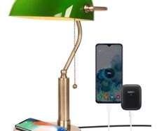 Bankers Office Desk Lamp, Vintage Green Glass Table Lamp with Brass Base, Classic Retro Light with Wireless Charging&USB Port