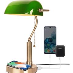 Bankers Office Desk Lamp, Vintage Green Glass Table Lamp with Brass Base, Classic Retro Light with Wireless Charging&USB Port