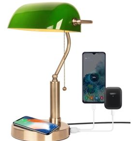 Bankers Office Desk Lamp, Vintage Green Glass Table Lamp with Brass Base, Classic Retro Light with Wireless Charging&USB Port