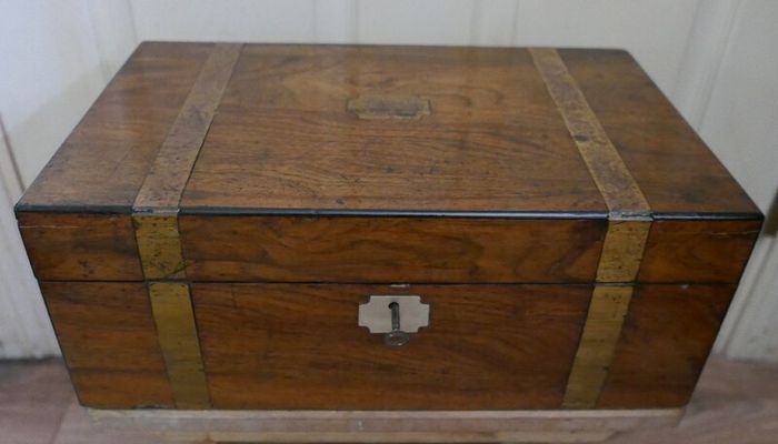 Antique Victorian  Brass Bounded Writing Box (WITH A KEY) 16" X 9" X 6,5"