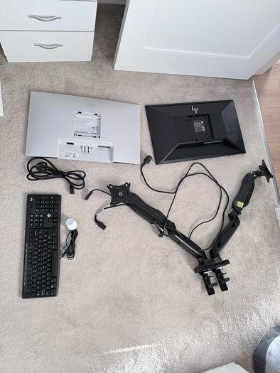 Complete desktop setup- 2 desktops, arm that holds 2 desktops and accessories.