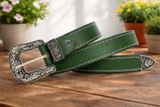 Genuine Leather Cowboy Cowgirl Belt Western Vintage Engraved Buckle Belt