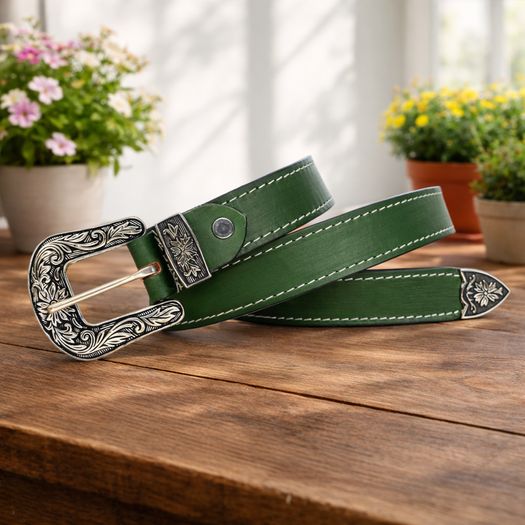 Unisex Premium Green Genuine Leather Belt Vintage Engraved Silver Buckle