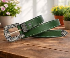 Unisex Premium Green Genuine Leather Belt Vintage Engraved Silver Buckle