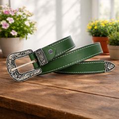 Unisex Premium Green Genuine Leather Belt Vintage Engraved Silver Buckle
