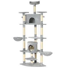 Cat Tree with 2 Hammocks and 2 Cat Caves incl. Toys Plush Sisal Rope Light Gray
