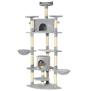 Cat Tree with 2 Hammocks and 2 Cat Caves incl. Toys Plush Sisal Rope Light Gray