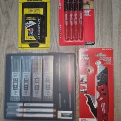 Milwaukee Fastback Utility Knife, Carpenters pencil set, Markers & 50 Blade pack