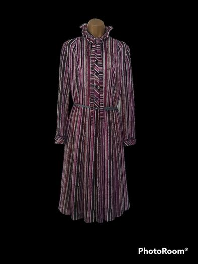 Vintage 70s 80s purple grey stripe secretary midi dress size M Postage included