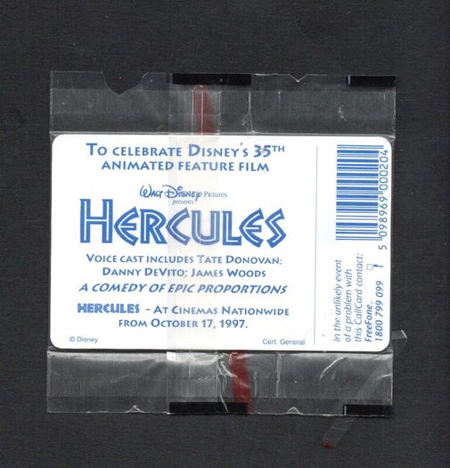 1997 Ireland 20 unit Disney's Hercules film (Gemplus GEM1) Call Card Mint in packaging. Telecom Eireann card number 1198.