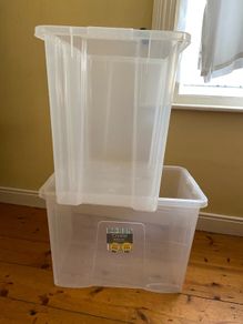 2 clear plastic storage boxes  80ltr