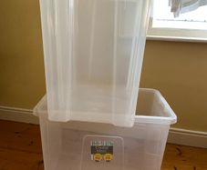 2 clear plastic storage boxes  80ltr