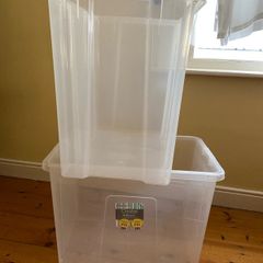2 clear plastic storage boxes  80ltr
