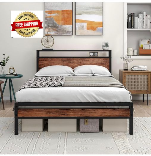 Double Bed Frame with Storage Headboard,Wooden Bed Frame Double Metal Platform Bed Frame No Box Spring Needed,Sturdy Metal Frame Base,Under Bed Storage,No Squeak,Easy Assembly for
