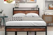 Double Bed Frame with Storage Headboard,Wooden Bed Frame Double Metal Platform Bed Frame No Box Spring Needed,Sturdy Metal Frame Base,Under Bed Storage,No Squeak,Easy Assembly for