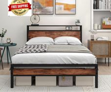 Double Bed Frame with Storage Headboard,Wooden Bed Frame Double Metal Platform Bed Frame No Box Spring Needed,Sturdy Metal Frame Base,Under Bed Storage,No Squeak,Easy Assembly for