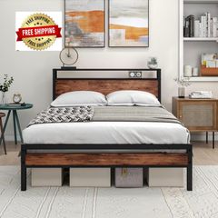 Double Bed Frame with Storage Headboard,Wooden Bed Frame Double Metal Platform Bed Frame No Box Spring Needed,Sturdy Metal Frame Base,Under Bed Storage,No Squeak,Easy Assembly for