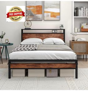 Double Bed Frame with Storage Headboard,Wooden Bed Frame Double Metal Platform Bed Frame No Box Spring Needed,Sturdy Metal Frame Base,Under Bed Storage,No Squeak,Easy Assembly for