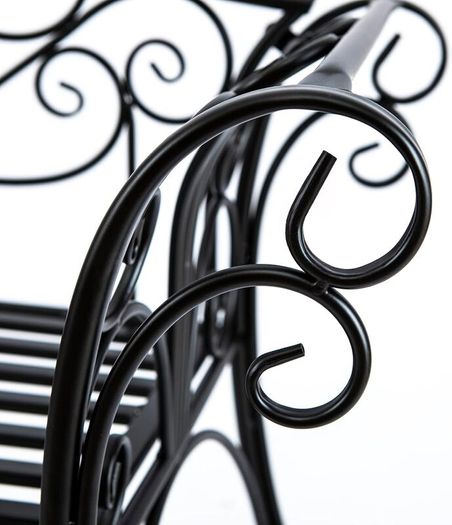 Black 2-Seater Garden Bench, Wrought Iron Frame with Decorative Cast Aluminium Backrest, Outdoor Patio & Porch Seating, 250kg Capacity