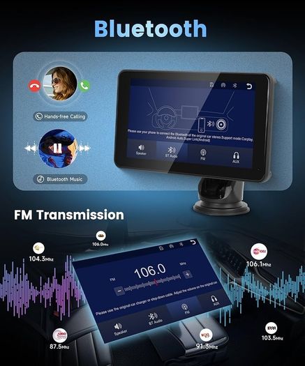 Wireless Carplay Screen Portable Car Stereo Android Auto Screen, Rimoody 7 Inch Touch Screen Portable Car play Bluetooth FM Transmitter Mirror Link Voice control AUX Cable