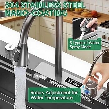 Drop-in Waterfall Sink Workstation with Faucet Combo and Cup Washer, 26.7" x 17.6" x 7.9" Stainless Steel Waterfall Bowl, Modern Smart Undermount Kitchen Unit, for Household Use, Gun Grey
