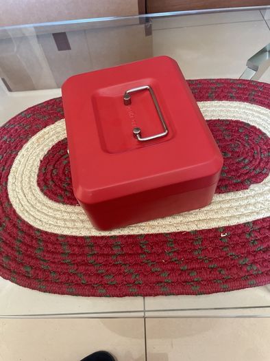Cathedral red steel cash tin