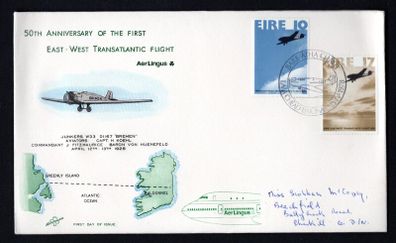 1978 Ireland 50th Anniversary of the First East to West Transatlantic Flight Commemorative Stamps Hibernian First Day Cover (FDC).