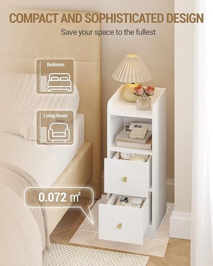 Slim Bedside Tables Set of 2, Narrow Side Table with 2 Drawers, Bedside Cabinet with Open Compartment, Adjustable Drawer Position for Bedroom, Living Room, 30 x 24 x 65 cm White