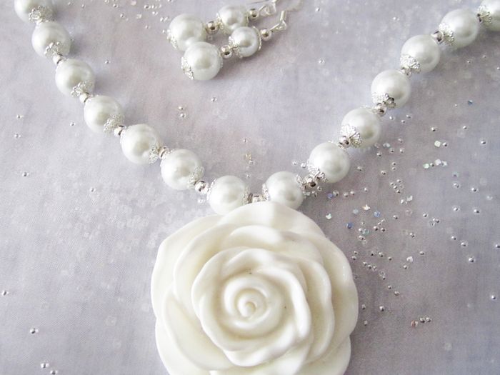 Handmade Statement White Bridal Necklace with Large Rose Pendant & earrings in a GIFT BOX