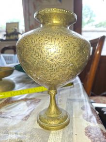 Rare Antique Brass or Bronze Hand Engraved Holy Water Vessel or Vase. around 19th Century. Great Antique Decor for Collector or your home